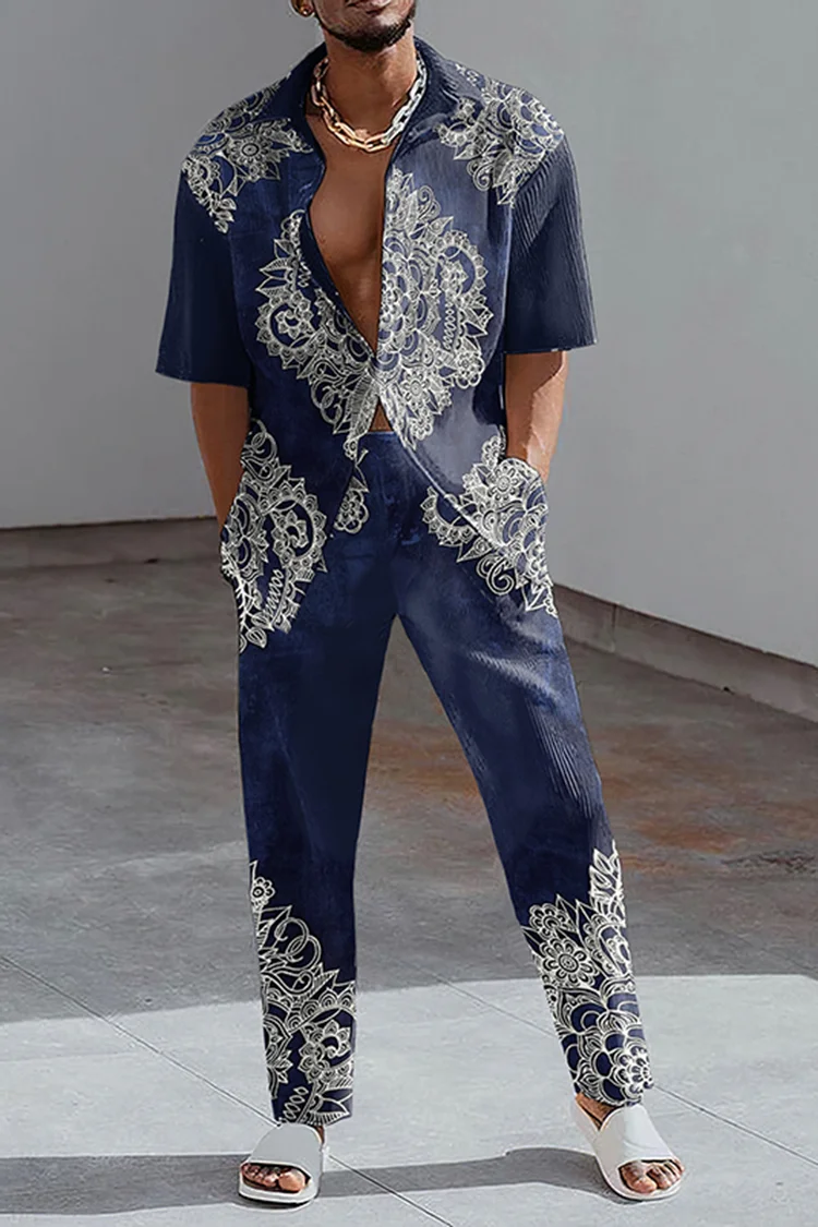 Tiboyz Navy Blue Fashion Print Shirts And Pants Two Piece Set