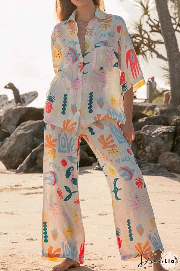 Abstract Sea Creature Print Button Pockets Elastic Waist Pant Suit