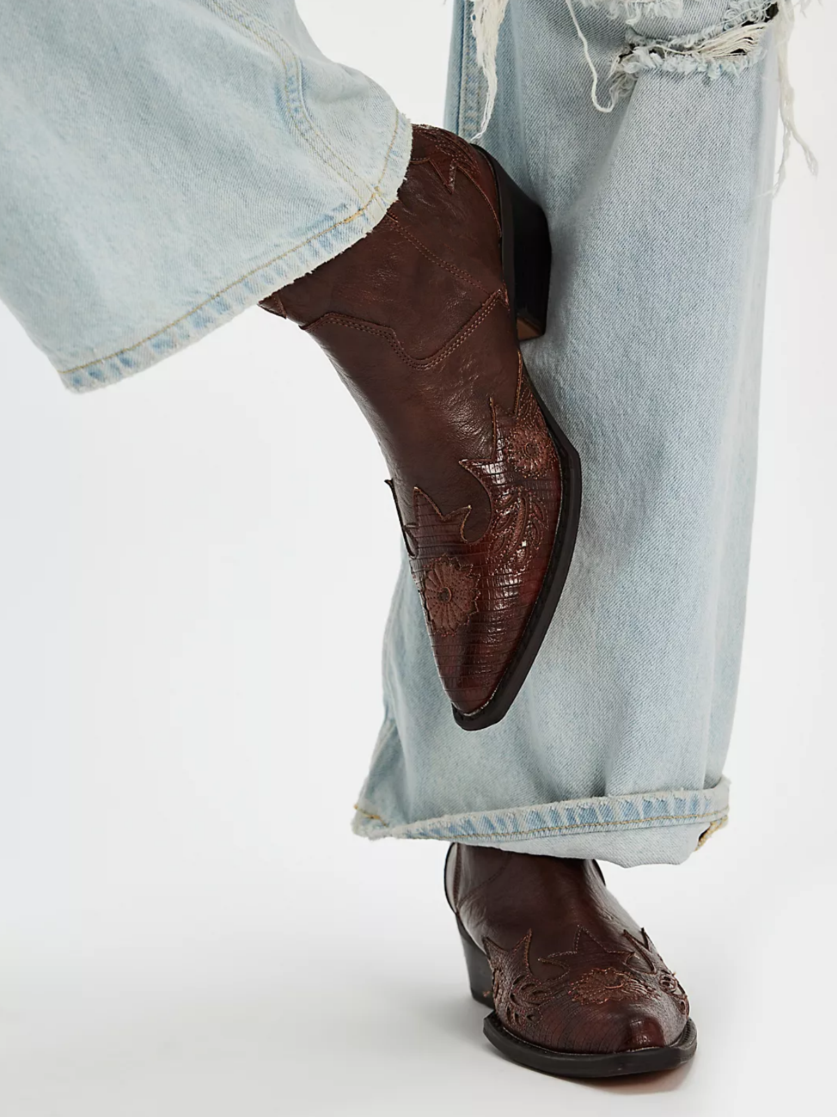 Taafo Brown Floral Applique Snip-Toe Wide Mid Calf Cowgirl Boots