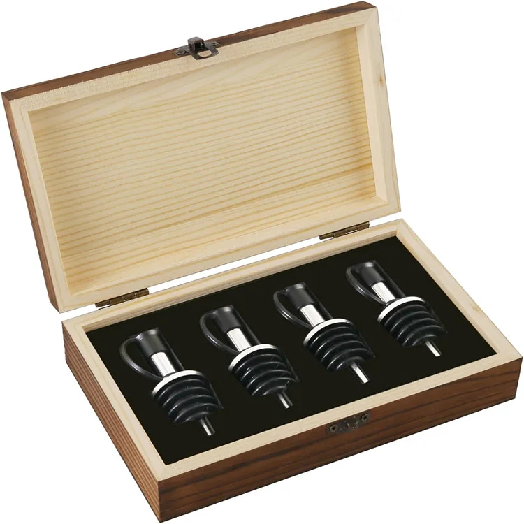 Bottle Pourers Gift Set &ndash; 4-Pack Stainless Steel Spouts with Dust Covers in Wooden Gift Box