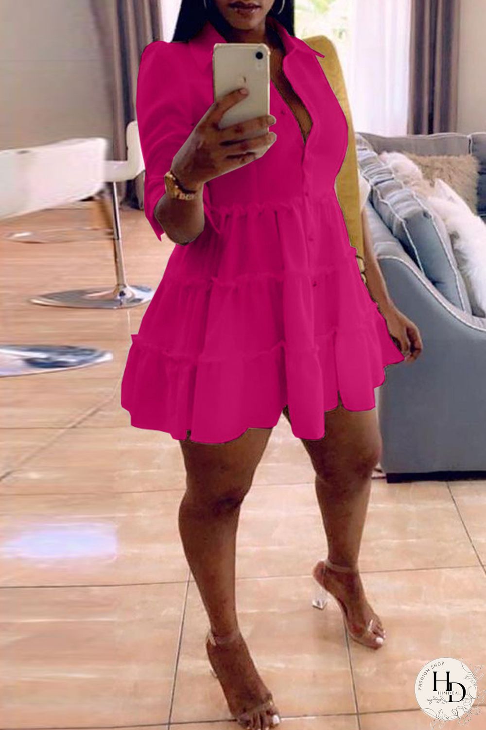 Rose Red Fashion Casual Solid Turndown Collar Shirt Dress