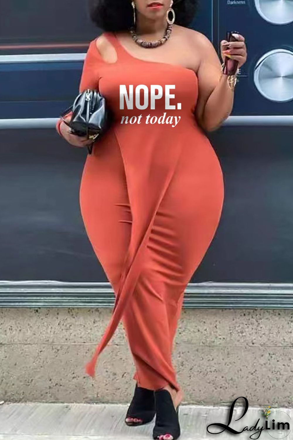 Black And White Sexy Street Print Patchwork Asymmetrical Oblique Collar Plus Size Two Pieces