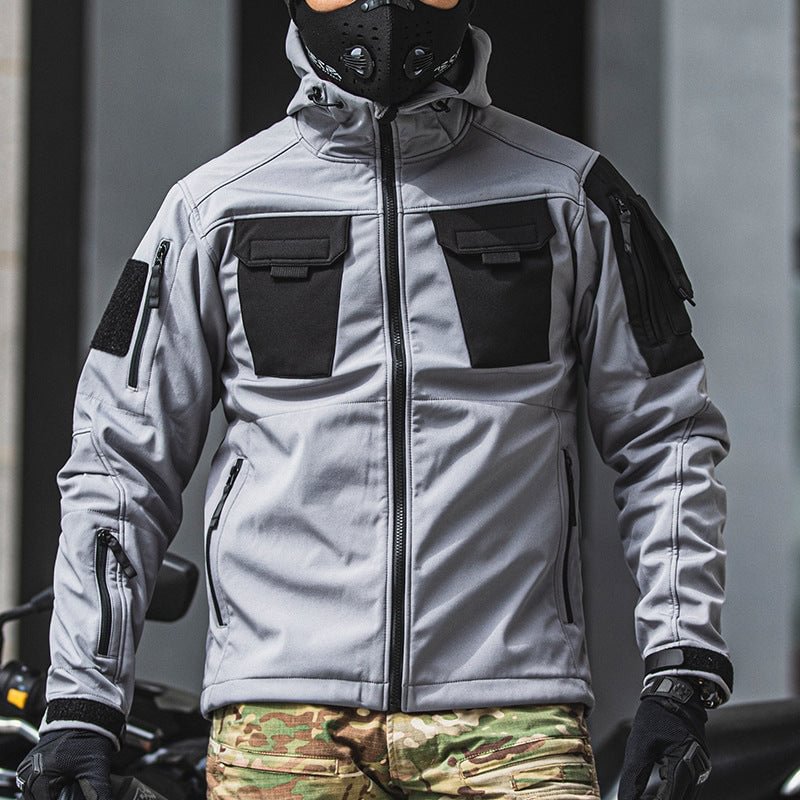 Forbearance Tactical Outdoor Jacket Soft Shell Plus Velvet Multi-Pocket Stitching Jacket Waterproof