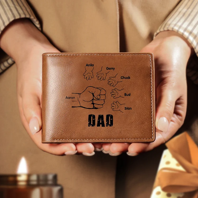 6 Names-Personalized Leather Men Wallet Engraved 6 Names Fist Bump Folding Wallet Gift Set For Dad