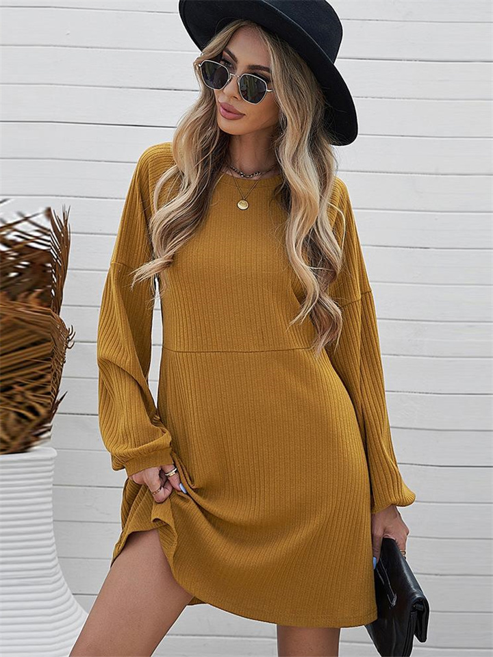 Solid Color Round Neck Knit Long Sleeve Dress-JRSEE