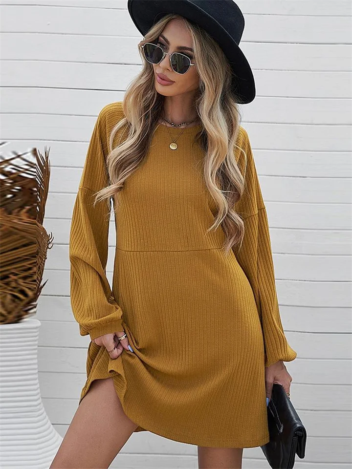 Solid Color Round Neck Knit Long Sleeve Dress-JRSEE