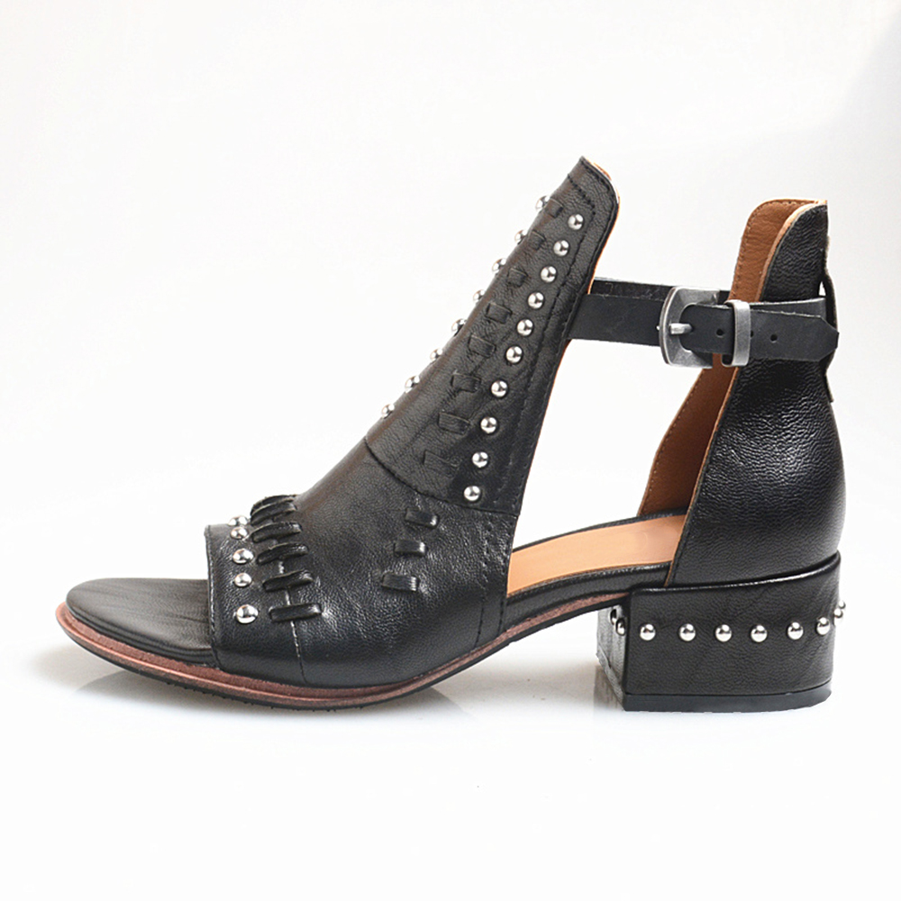 Black Open Toe Chunky Heel Ankle Strap Sandals with Studs Nicepairs