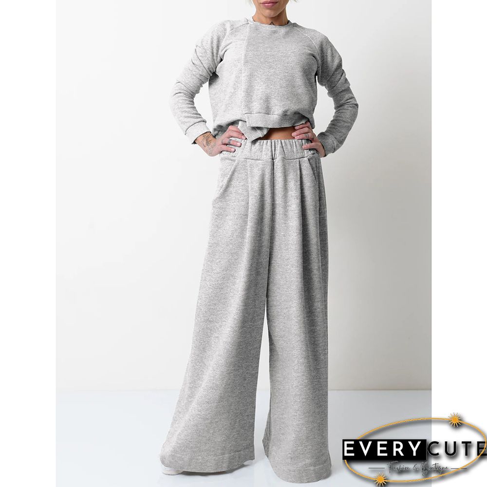 Light Gray Irregular Sweatshirt with Wide Leg Casual Pant Set
