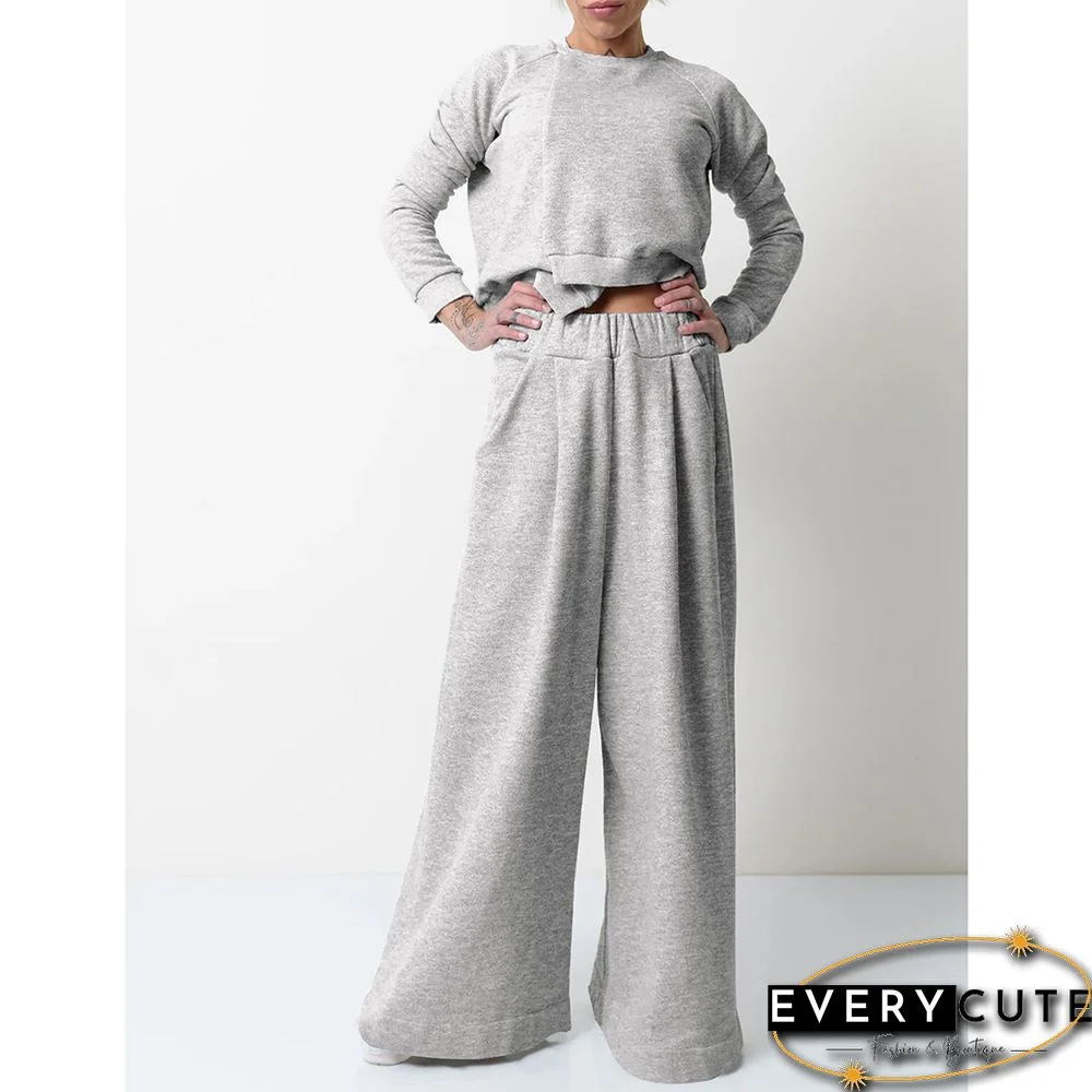 Light Gray Irregular Sweatshirt with Wide Leg Casual Pant Set