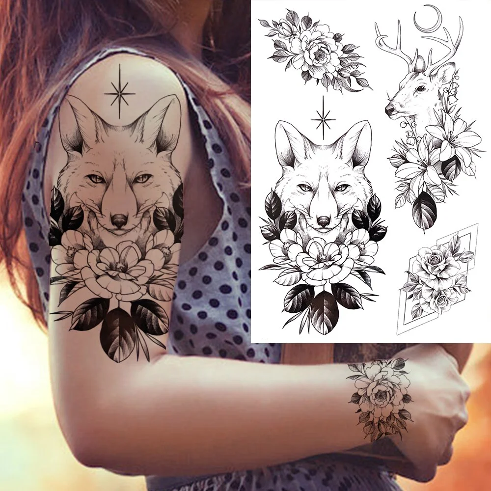 3D Flower Triangle Temporary Tattoos For Women Girl Fake Wolf Deer Geometry Tattoo Sticker Peony Dahlia Body Art Adults Tatoos
