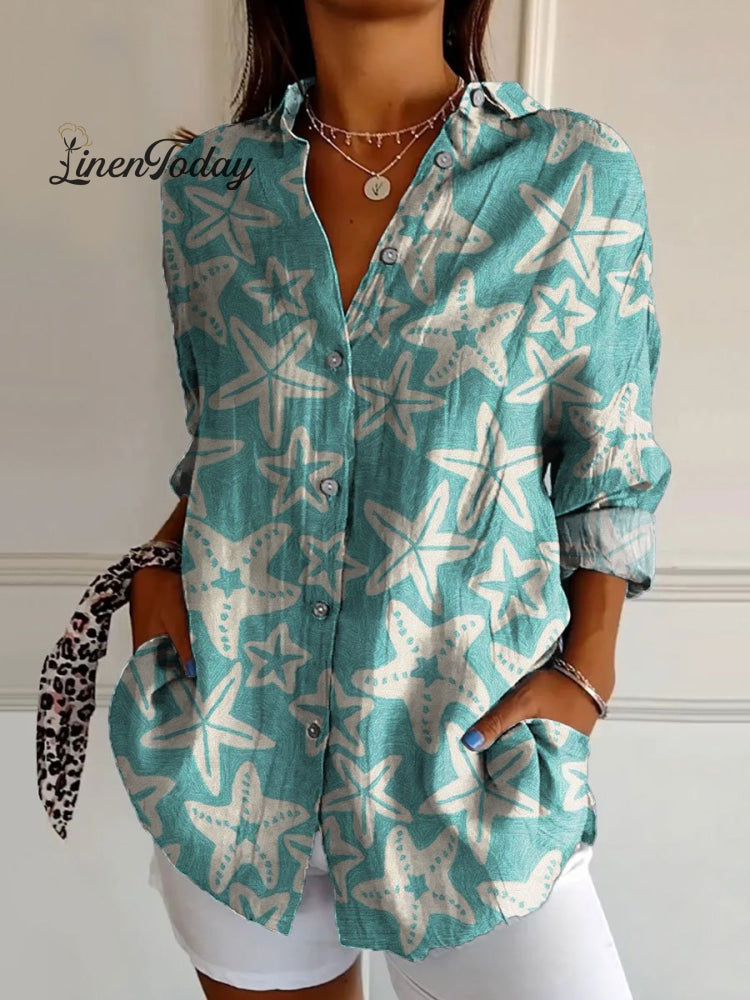 Women&rsquo;s Vintage Starfish Pattern Art Print Casual Cotton Shirt Multicolor / S