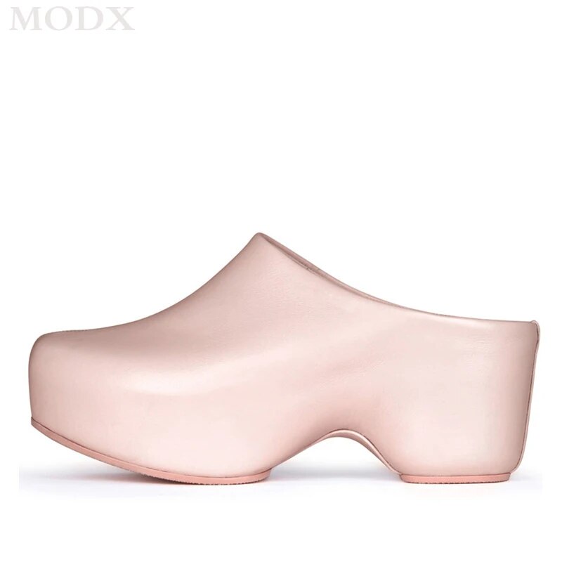VCSHOES Runway Round Head High Heel Thick Bottom Slippers Women's Patent Leather Platform Clogs Shoes Big Size Sandals