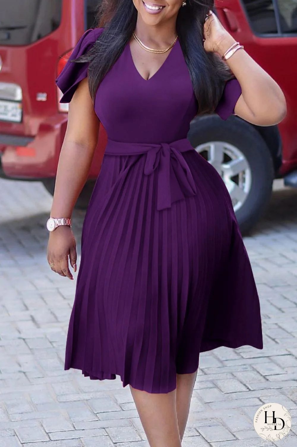 Purple Casual Solid Patchwork V Neck Short Sleeve Dress Dresses