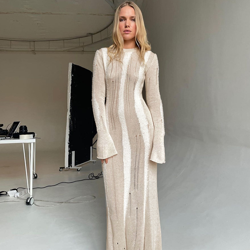 Ootddress Knitwear Hollow Out Solid Maxi Dress For Women See-Through High Waist Loose Knit Autumn Dress Fashion Elegant Party Dress