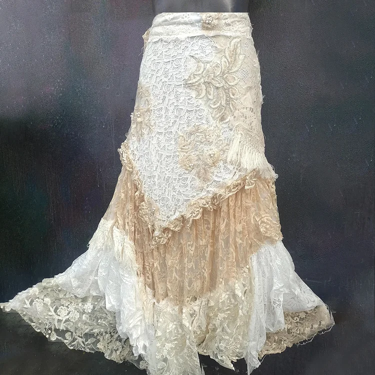 Vintage Floral Lace Colorblock Layered Maxi Skirt
