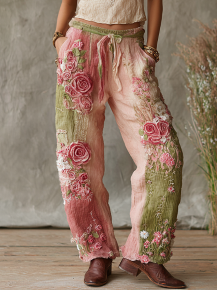 VChics Love & Health Collection Retro Western Women Style Vintage Rose And Floral Patchwork Art Linen Pants