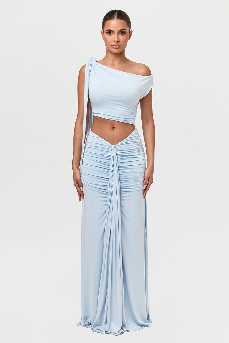Off Shoulder Bare Midriff Ruched Slim Fit Maxi Dresses-Blue [Pre Order]