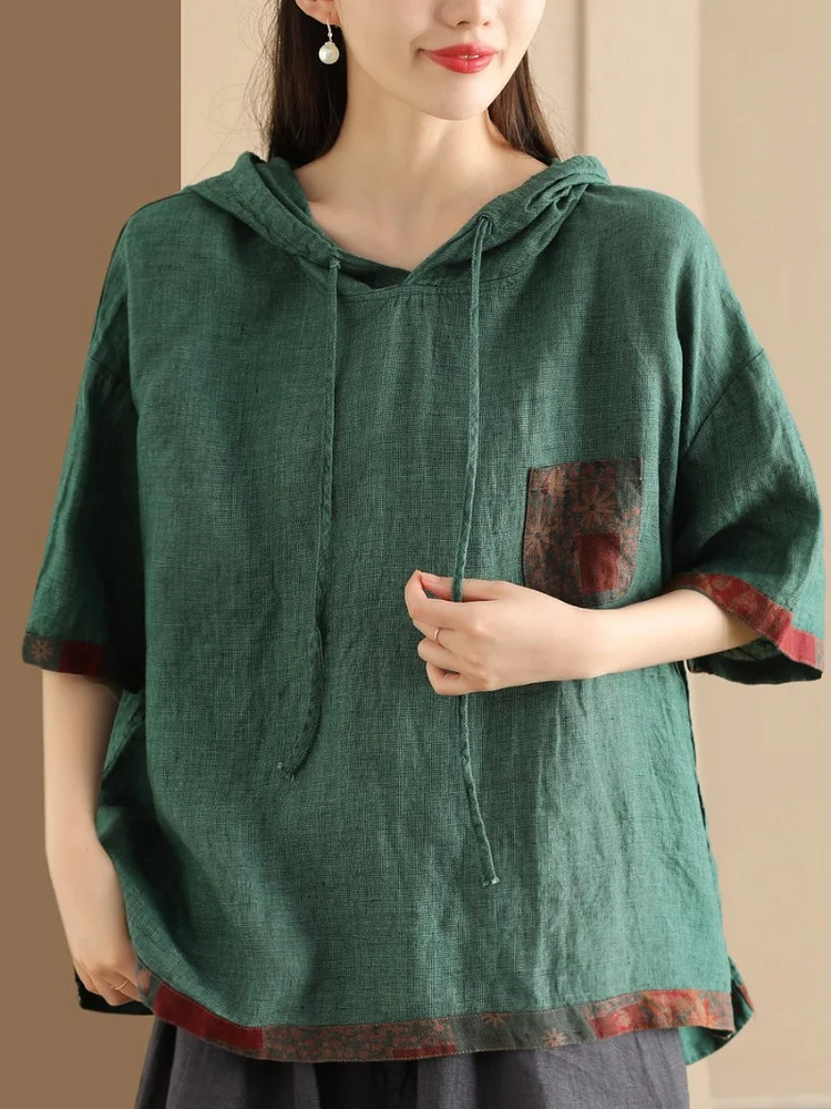 Vintage Spliced Mid-Sleeve Linen Hooded T-Shirt