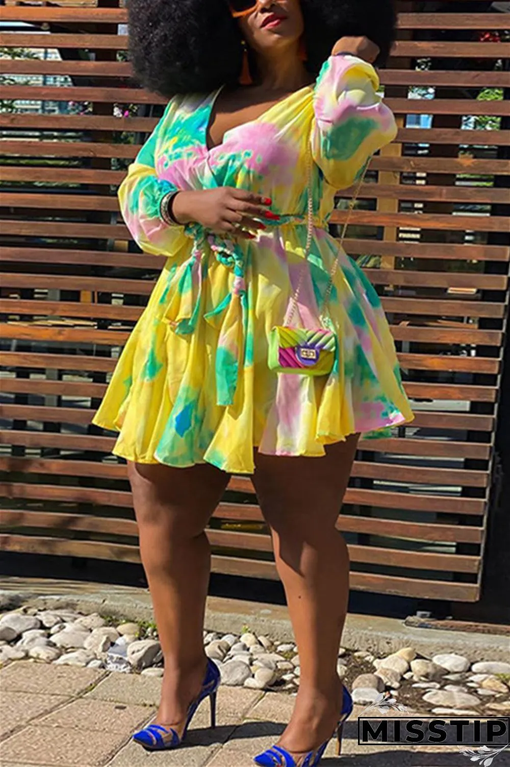 Orange Sexy Print With Belt V Neck A Line Plus Size