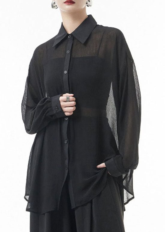 Plus size Black button Peter Pan Collar Patchwork tulle Shirts Spring CK2931- Fabulory