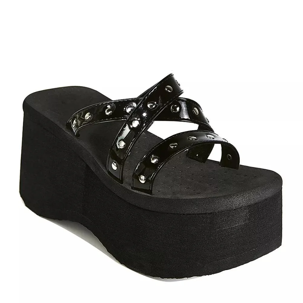 BONJOMARISA Brand Goth Beach Punk Platform Women Slip On Sandals Shoes Strappy Wedges Open Toe Summer Black Slides Shoes Women