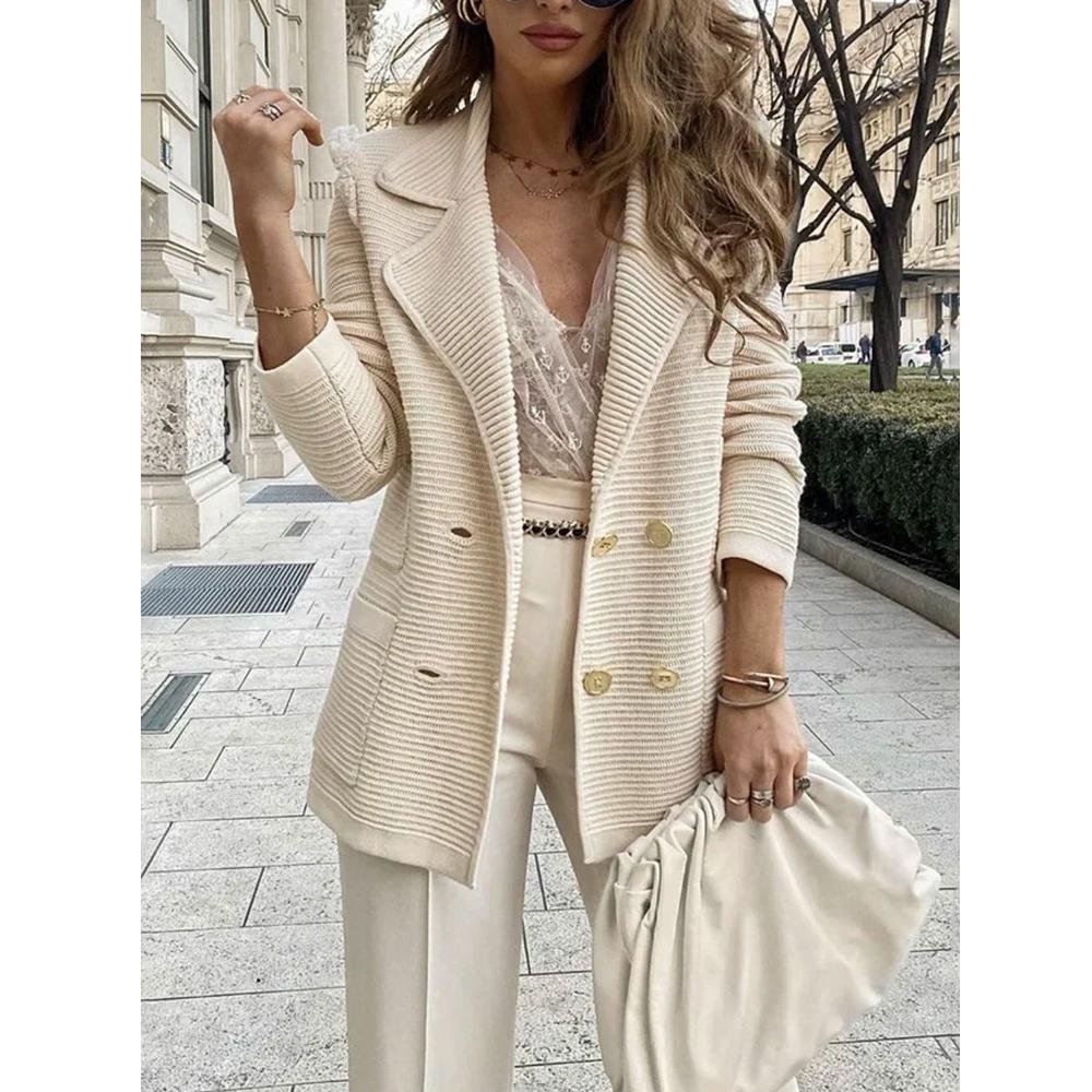 Solid Lapel Neck Pocket Patched Double Breasted Cardigan Coat