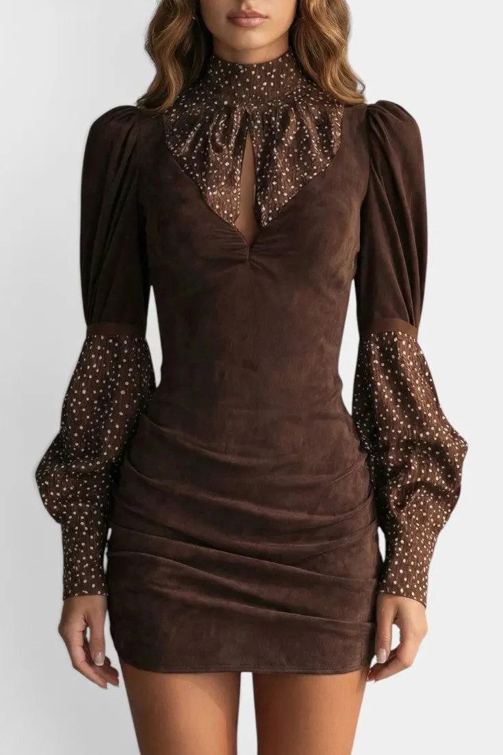 High-Neck Faux-Suede Dress with Polka Dot Puff Sleeves