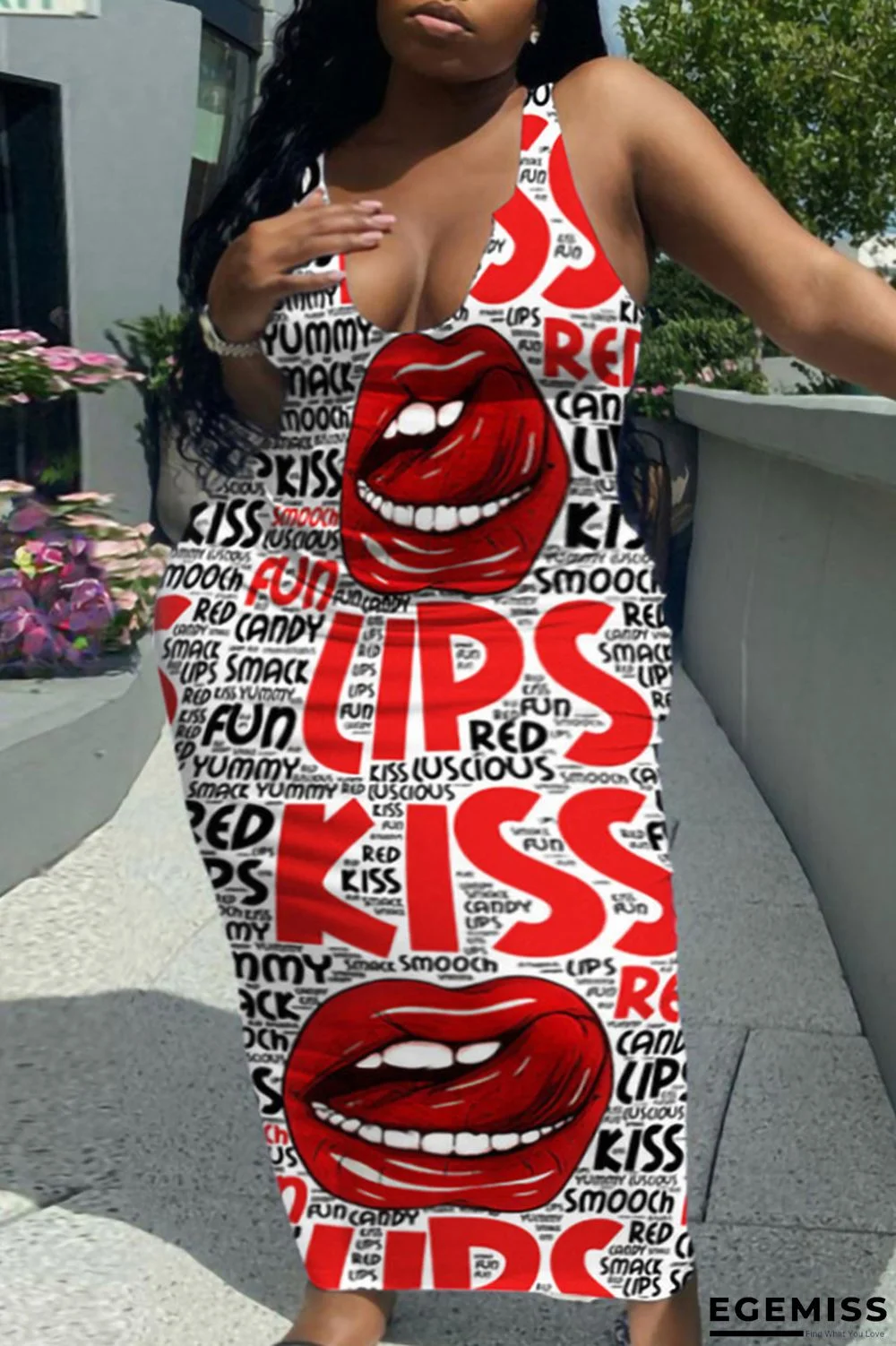 White Fashion Sexy Plus Size Letter Lips Printed Basic U Neck Vest Dress | EGEMISS