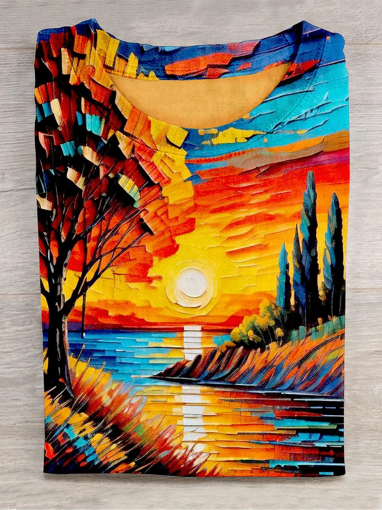 Teecade Teecade  Unisex Sunset Scenery Oil Painting Abstract Print Design T-Shirt