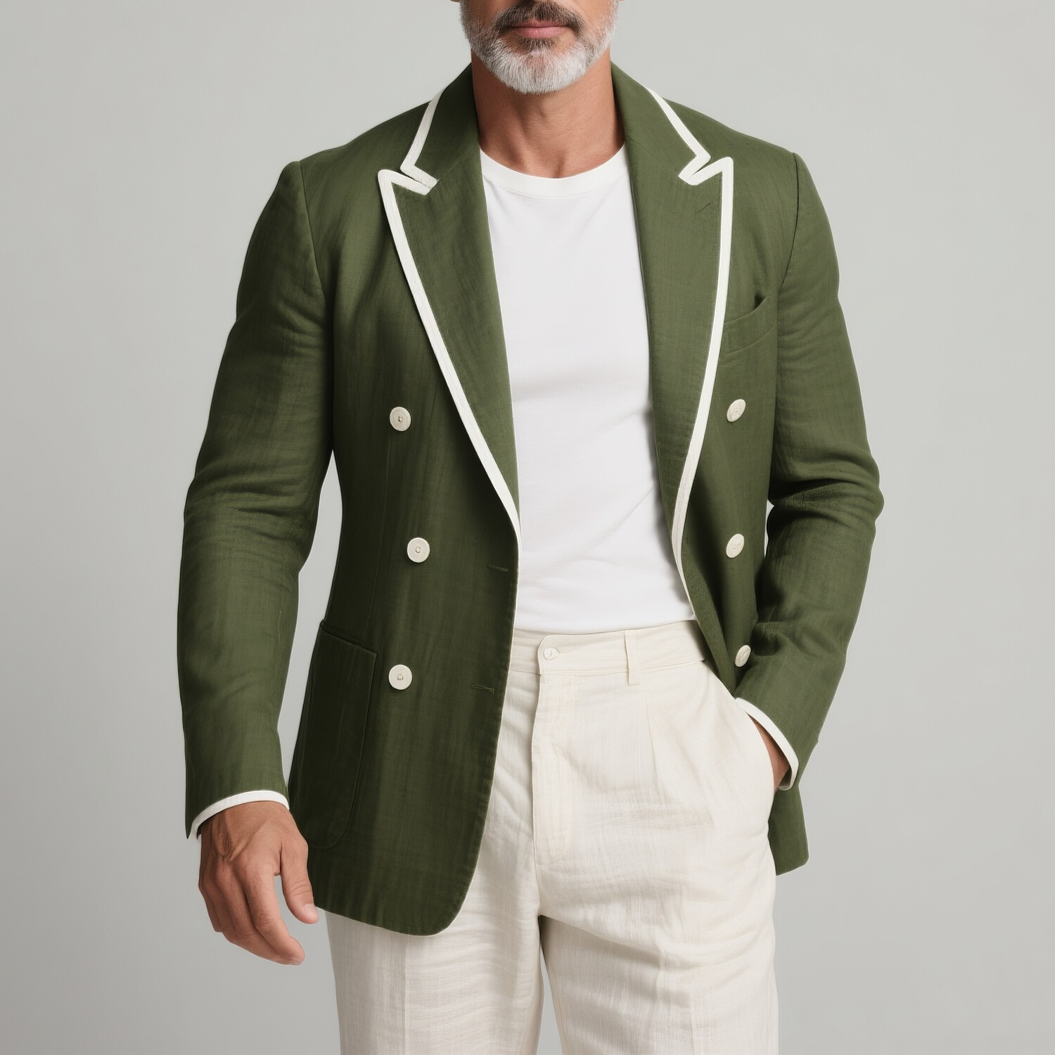Men's Contrast Binding Double Breasted Peaked Lapel Long Sleeve Pocket Blazer