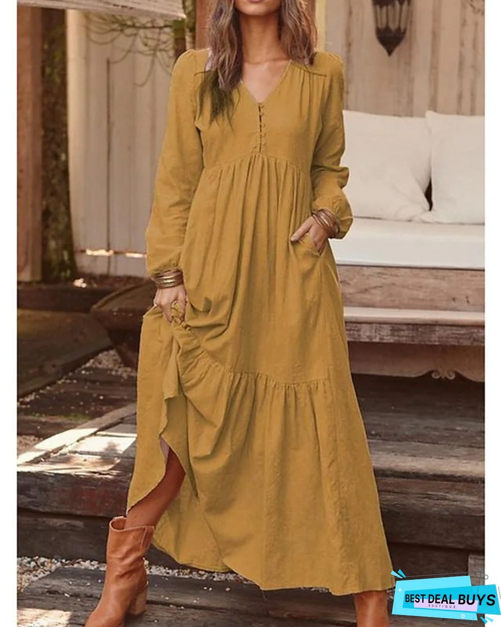Women's Shift Dress Maxi Long Dress Long Sleeve Solid Color Hot Yellow Royal Blue Light Gray Brown Light Blue
