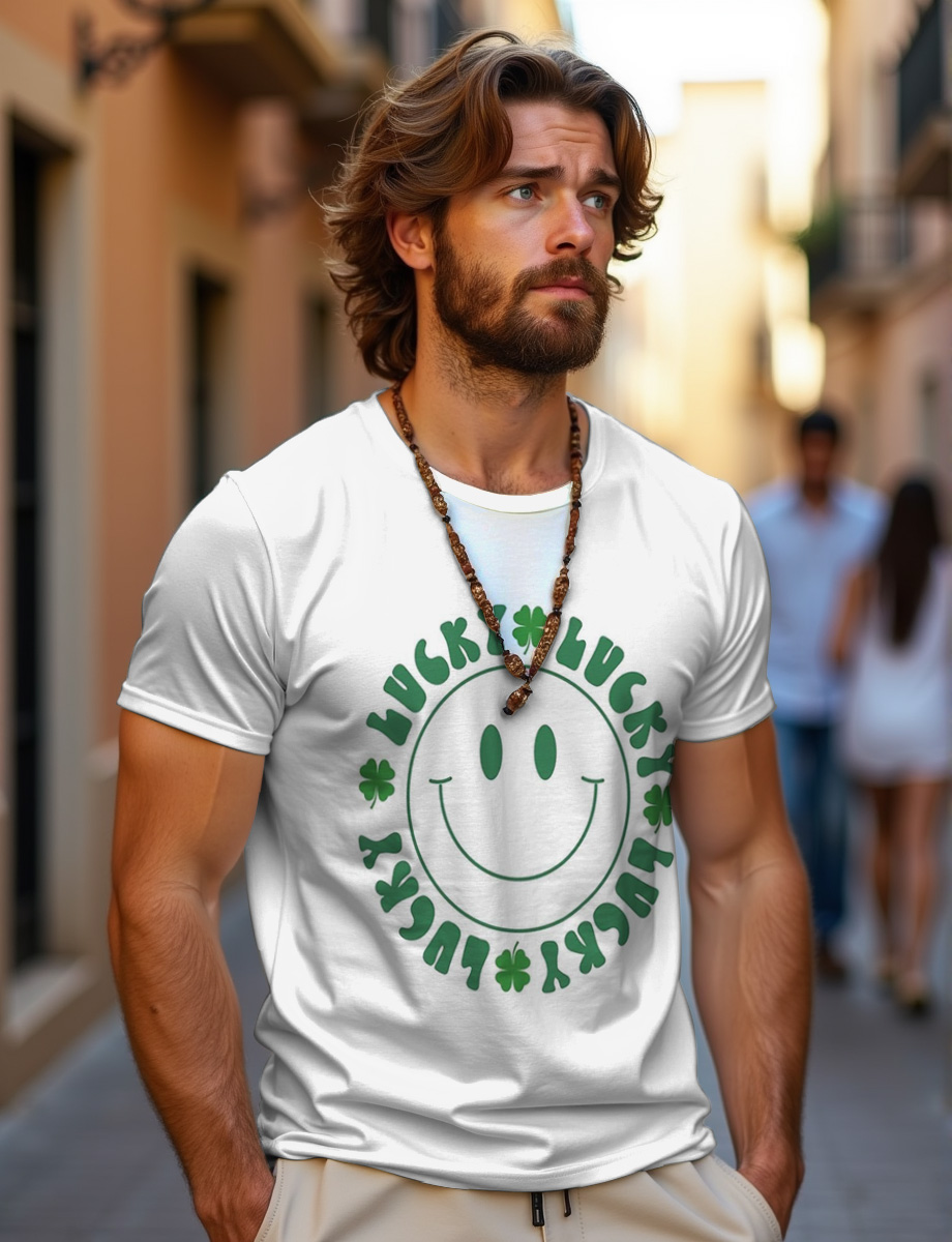 Lucky Four-leaf Clover Smiley Face Decorative Pattern T-shirt