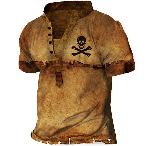 Pirate Skull Men's Vintage Print Henley Short Sleeve T-Shirt、、URBENIE