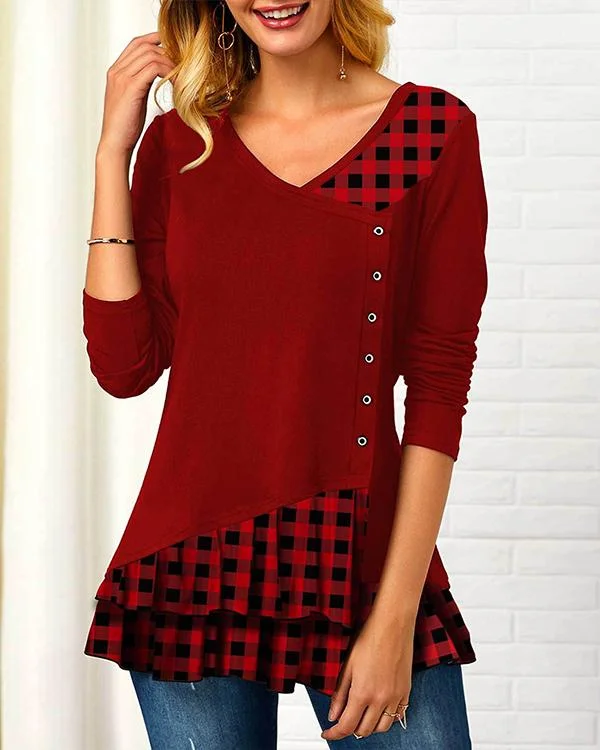 Casual V Neck Plaid Patchwork Ruffle Long Sleeves T-shirt