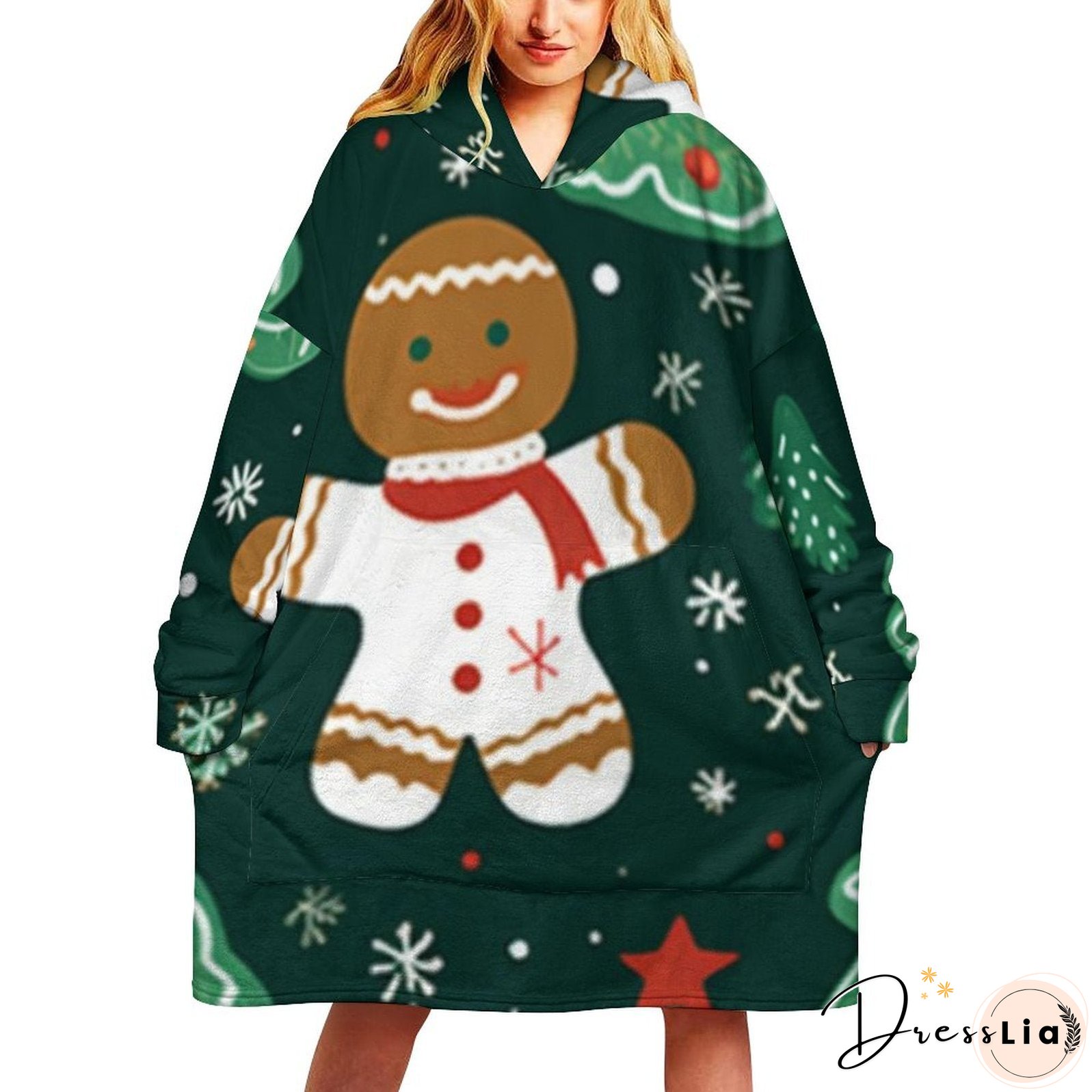 Oversized Wearable Blanket Christmas Print Hoodie With Pocket