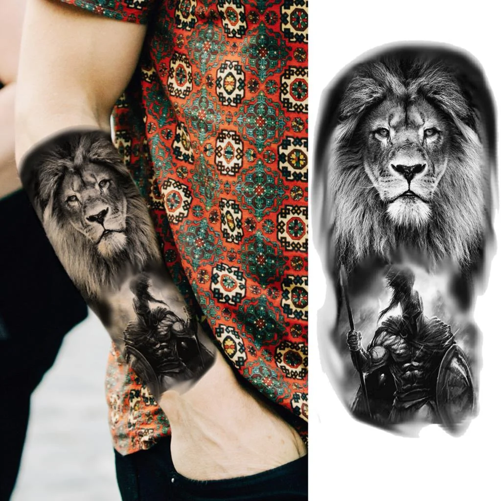 Black Lion Fashion Calf Temporary Tattoos For Women Adult Men Lion Geometric Owl Fake Tattoo Realistic Body Art Decoration Tatoo