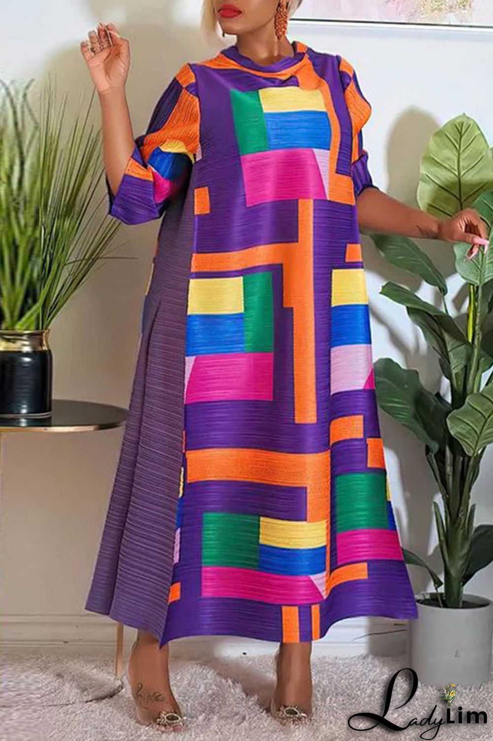 Light Coffee Street Geometric Print Patchwork O Neck Long Dress Dresses