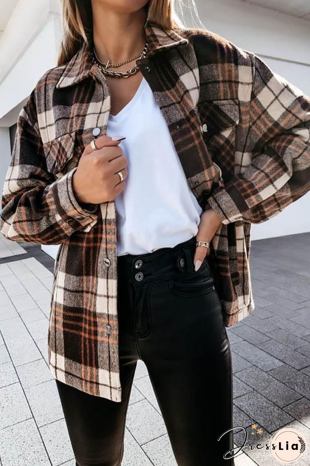 Grid Plaid Casual Button Shirt Coat