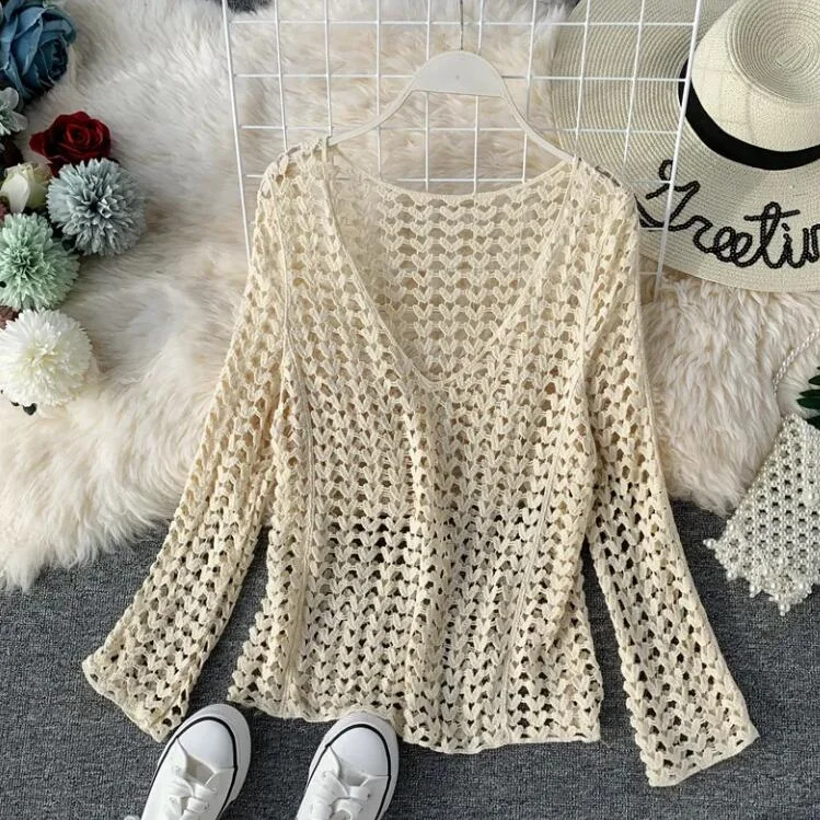 Wongn Vintage Hollow Out Crochet Crop Top V-neck Long Sleeve Pullover Tees Sexy Women Cover Up Knit T-shirt Clothes Streetwear