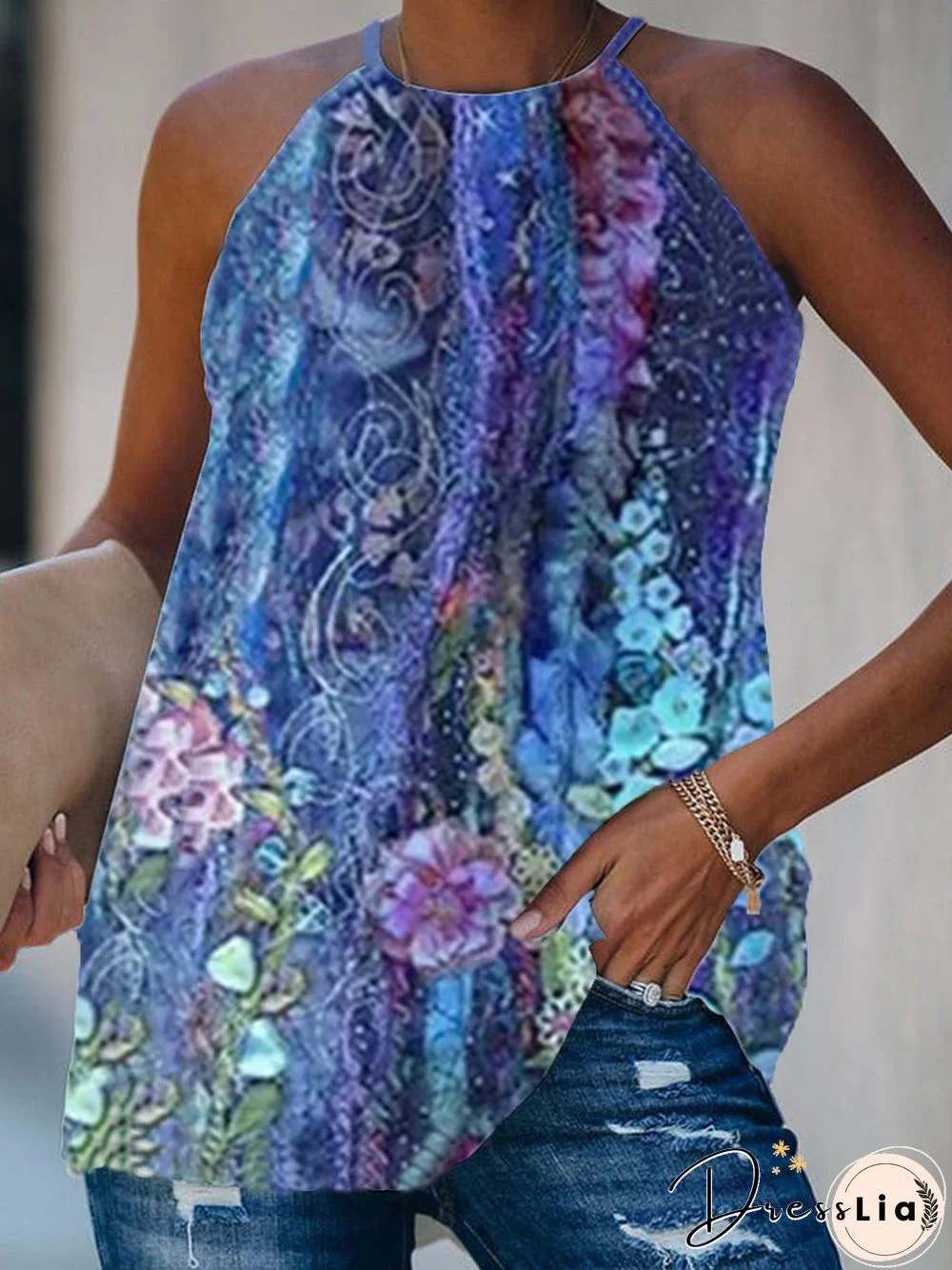 Vintage Sleeveless Floral Printed Halter Plus Size Casual Tops