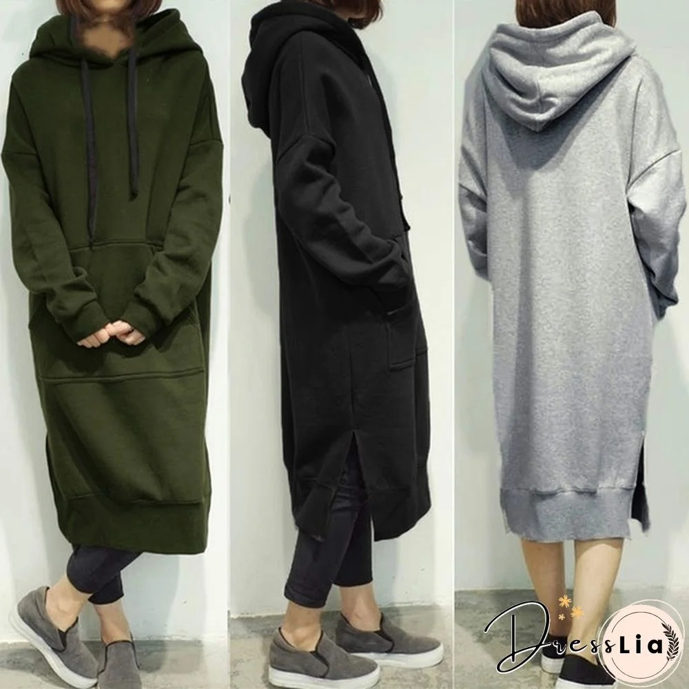 Women Plus Size Spring Autumn Casual Long Pullover Fleece Hooded Sweatshirt Dress L-5Xl