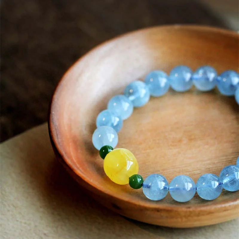 Natural Aquamarine Amber Beads Serenity Healing Bracelet
