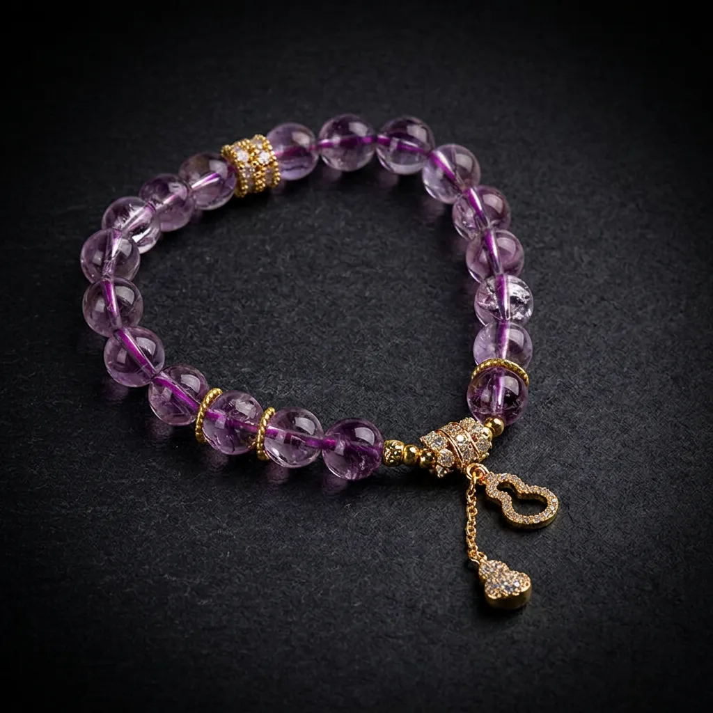JiStones Ethereal Amethyst Bracelet with 14K Gold-Plated Gourd Charm 10mm Ethereal Amethyst with 14K Gold Gourd Charm
