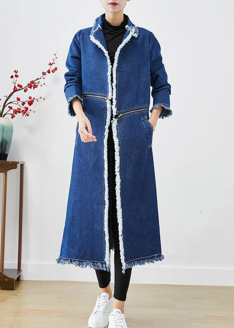 Modern Blue Zip Up Wear On Both Sides Denim Trench Coats Fall