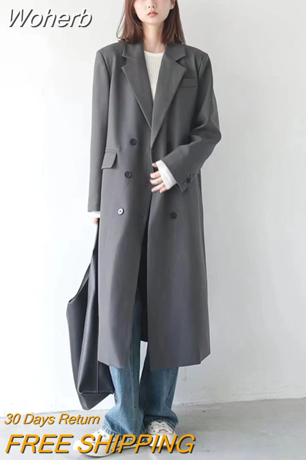 Woherb Double Breasted Long Blazer Trench Coat Korean Fashion Turndown
