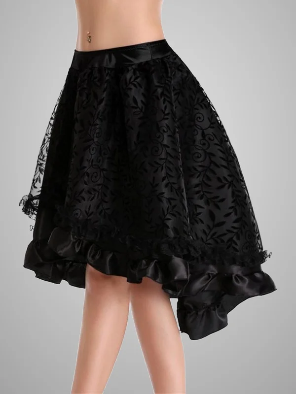 Elegant Irregular Leaves-printed Ruffled Embossed Tiered Gathered Mesh Long Skater Skirt 