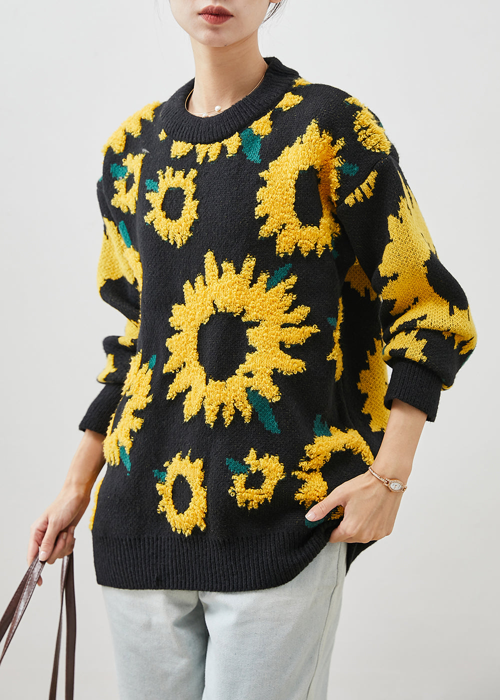 VCSHOES Black Oversized Sunflower Jacquard Knit Sweaters Winter