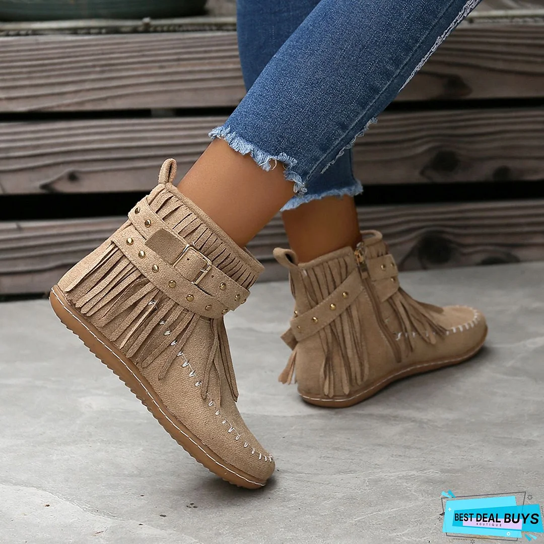 Brown Winter Flat Heel Tassel Boots