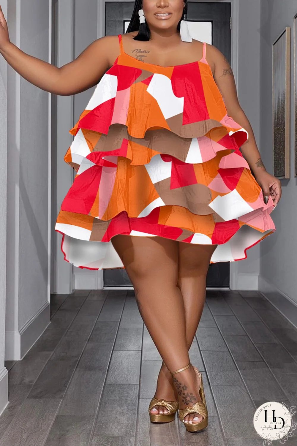 Orange Plus Size Sexy Sweet Cute Mixed Printing Geometric Printing Spaghetti Strap Ball Gown