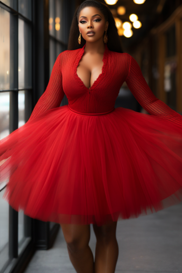 Xpluswear Design Plus Size Party Red V Neck Long Sleeve Contrast Elegant Tulle Midi Dresses [Pre-Order]